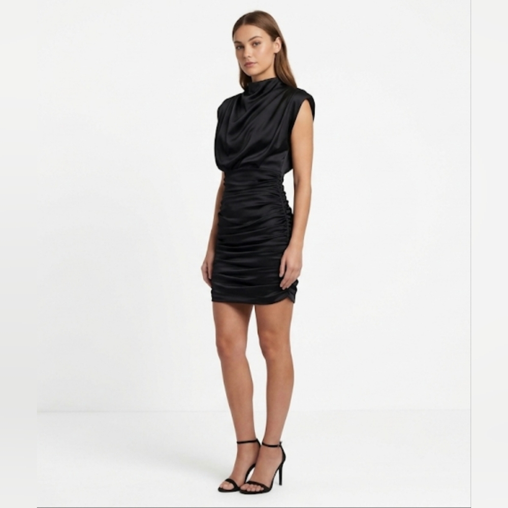 ✨ Aritzia Babaton Black Satin High Neck Ruched Mini Dress | size 0/XS🖤